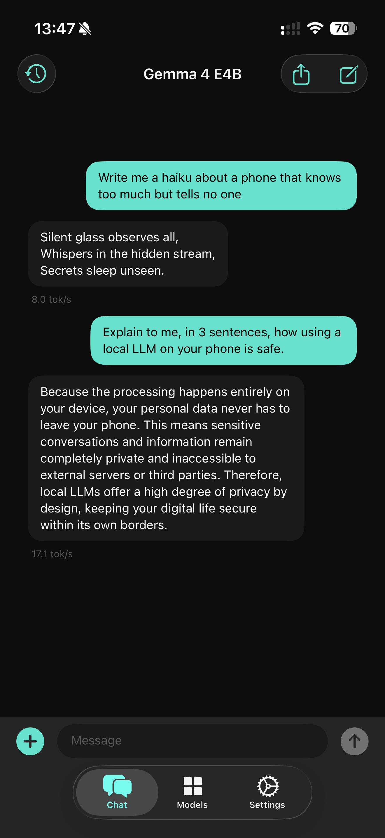 SoloLLM chat interface running Gemma 4 model locally on iPhone with on-device inference